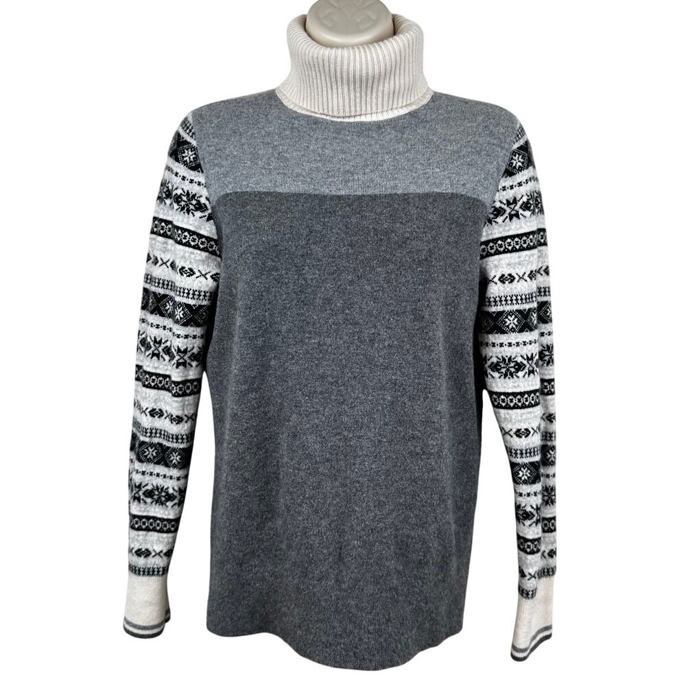 Lands' End Women's Cashmere Sweater Fair Isle Turtleneck Gray Small Color Block